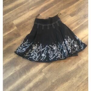 Ecologie Womens sz 10 Skirt Linen Lined Black White Floral Embroidered flared